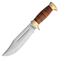 Marbles Stacked Leather Hunter Bowie Knife | 11.5" Overall, Brass Pommel, MR556