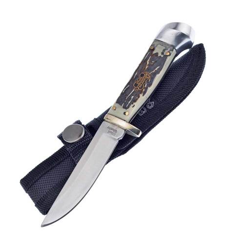 Frost Cutlery Steel Warrior Full Tang Hunting Knife | Stag Bone Resin Handle | Nylon Belt Sheath