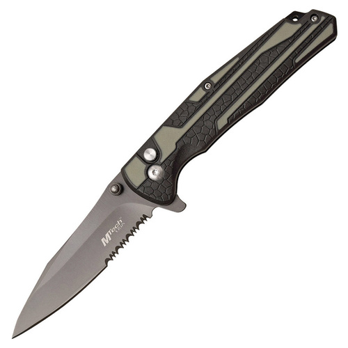 MTech Button Lock Folding Knife | 3Cr13 Stainless Steel, Partially Serrated, MT1037GY