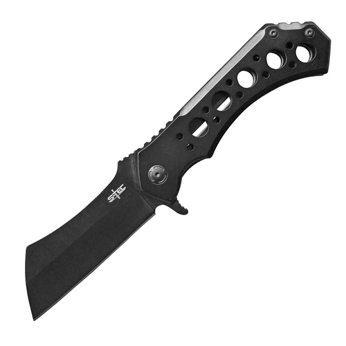 S-TEC Black Cleaver Blade Flipper Folding Knife | Framelock, Pocket Clip, STT004BK